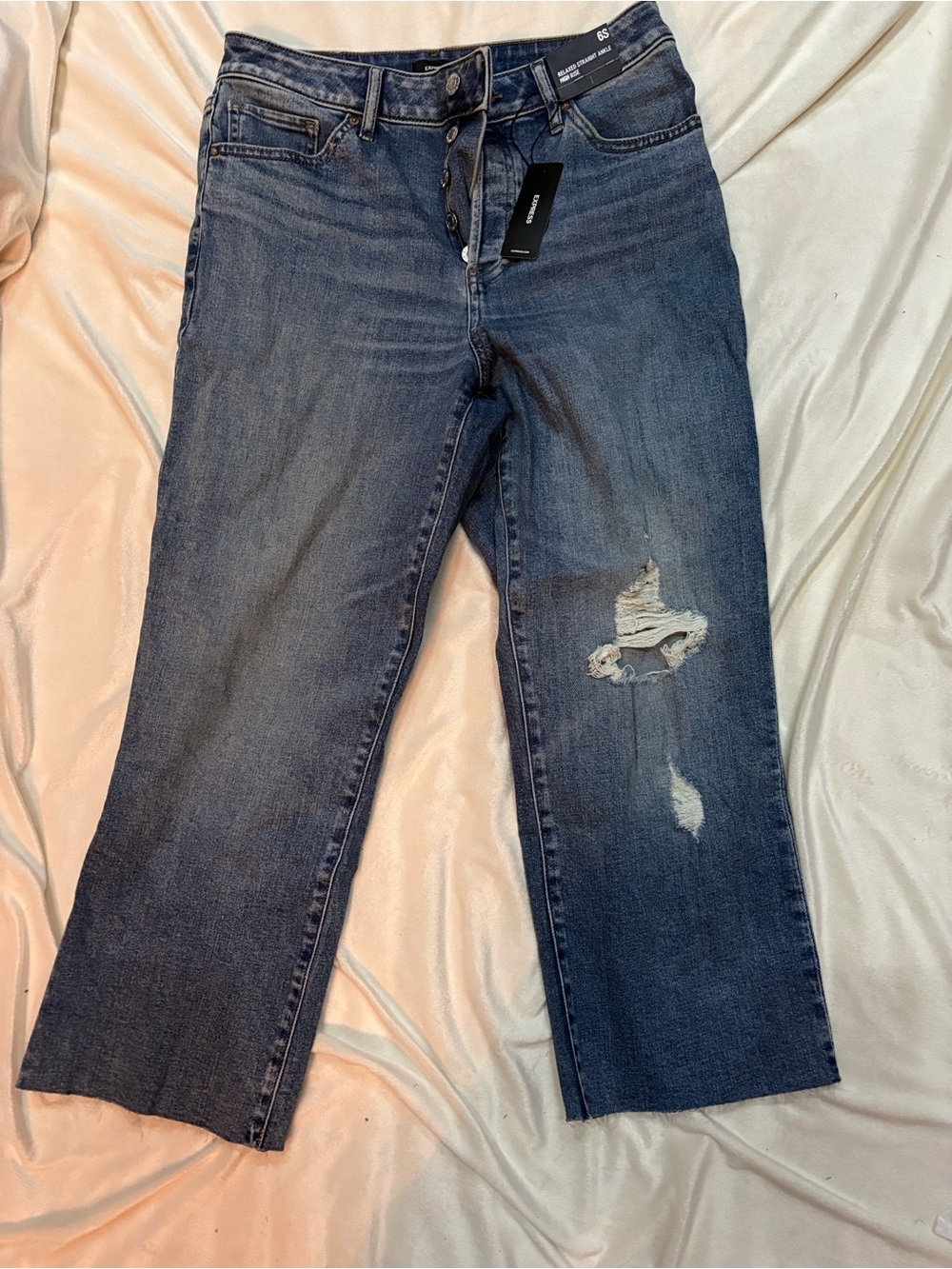 Express Dark Blue Straight Leg Distressed Jeans